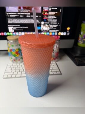 Textured Ombre Tumbler Cup with Straw - Coral to Sky Blue
